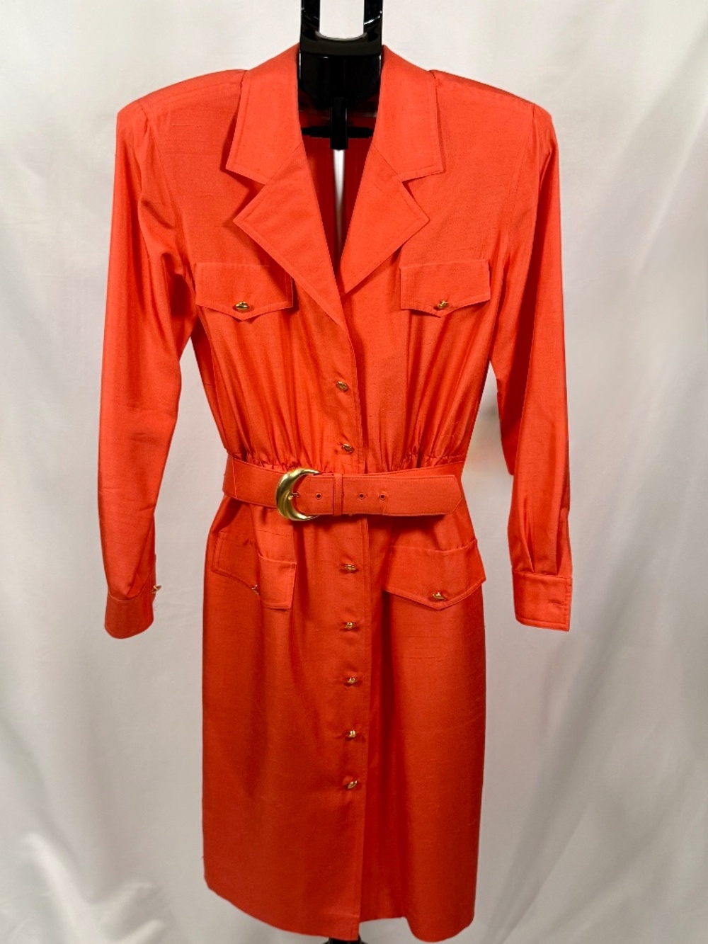 Vintage Anne Crimmins 100% Silk Coral Belted Shirt Dress Size 12